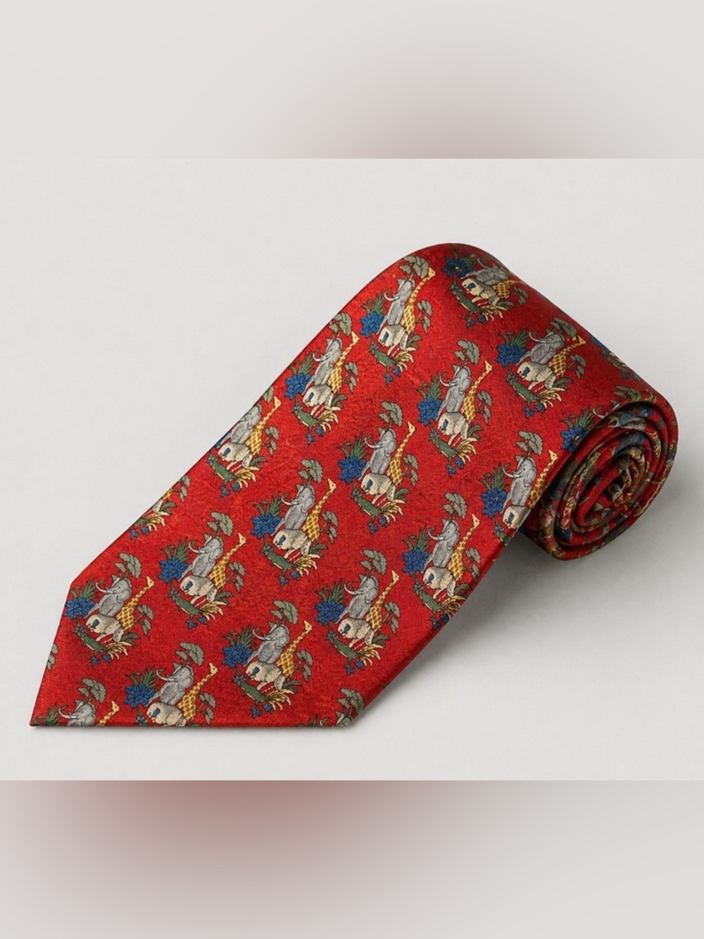 Vintage Johnston & Murphy Men's Silk Tie Handmade Red Animal Print Safari - NWT